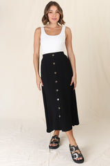 Murphy Midi Skirt - High Waisted Button Decal A-Line Skirt in Black