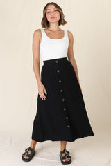 Murphy Midi Skirt - High Waisted Button Decal A-Line Skirt in Black