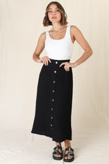 Murphy Midi Skirt - High Waisted Button Decal A-Line Skirt in Black