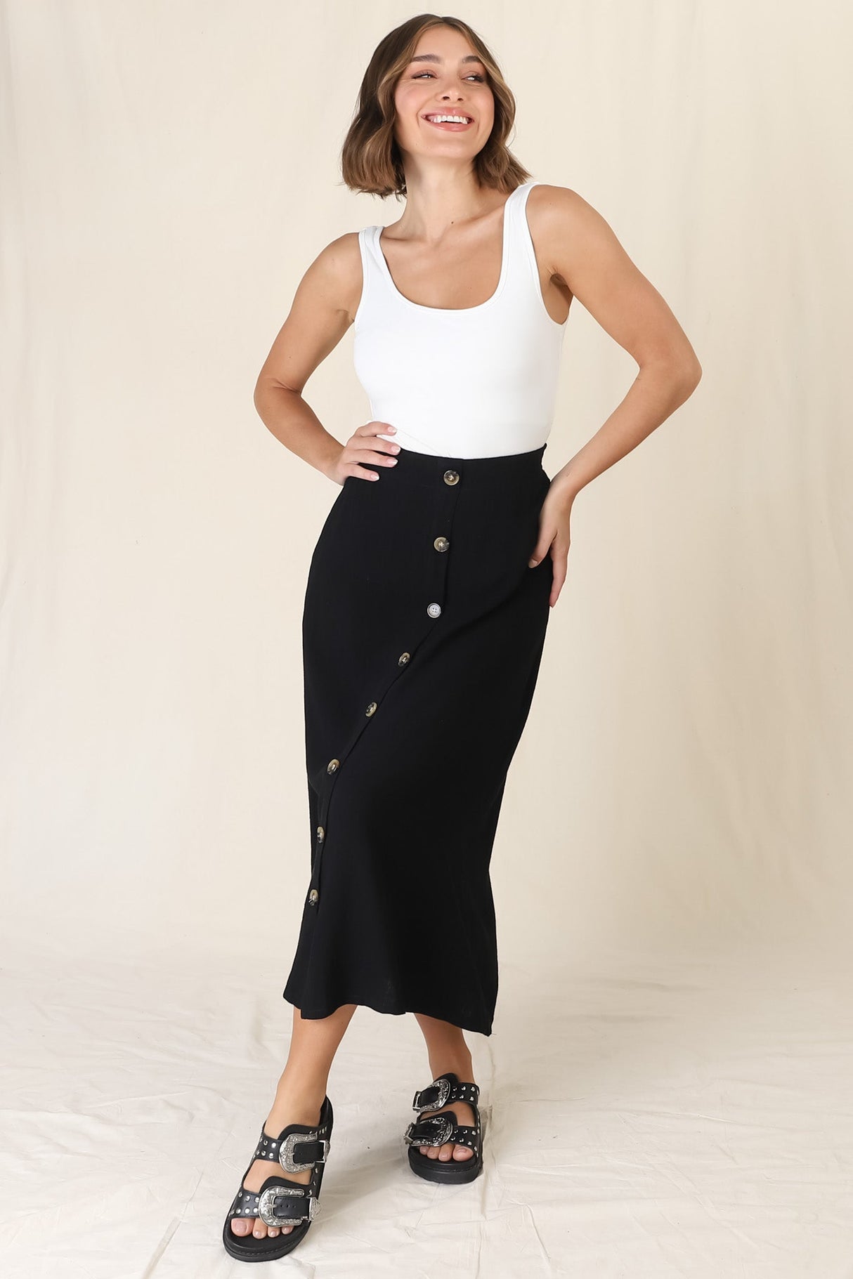 Murphy Midi Skirt - High Waisted Button Decal A-Line Skirt in Black