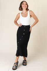 Murphy Midi Skirt - High Waisted Button Decal A-Line Skirt in Black