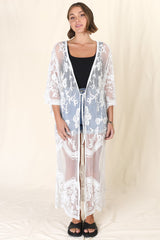 Haylo Kimono - Floral Lace Kimono with Scallop Hemline in White