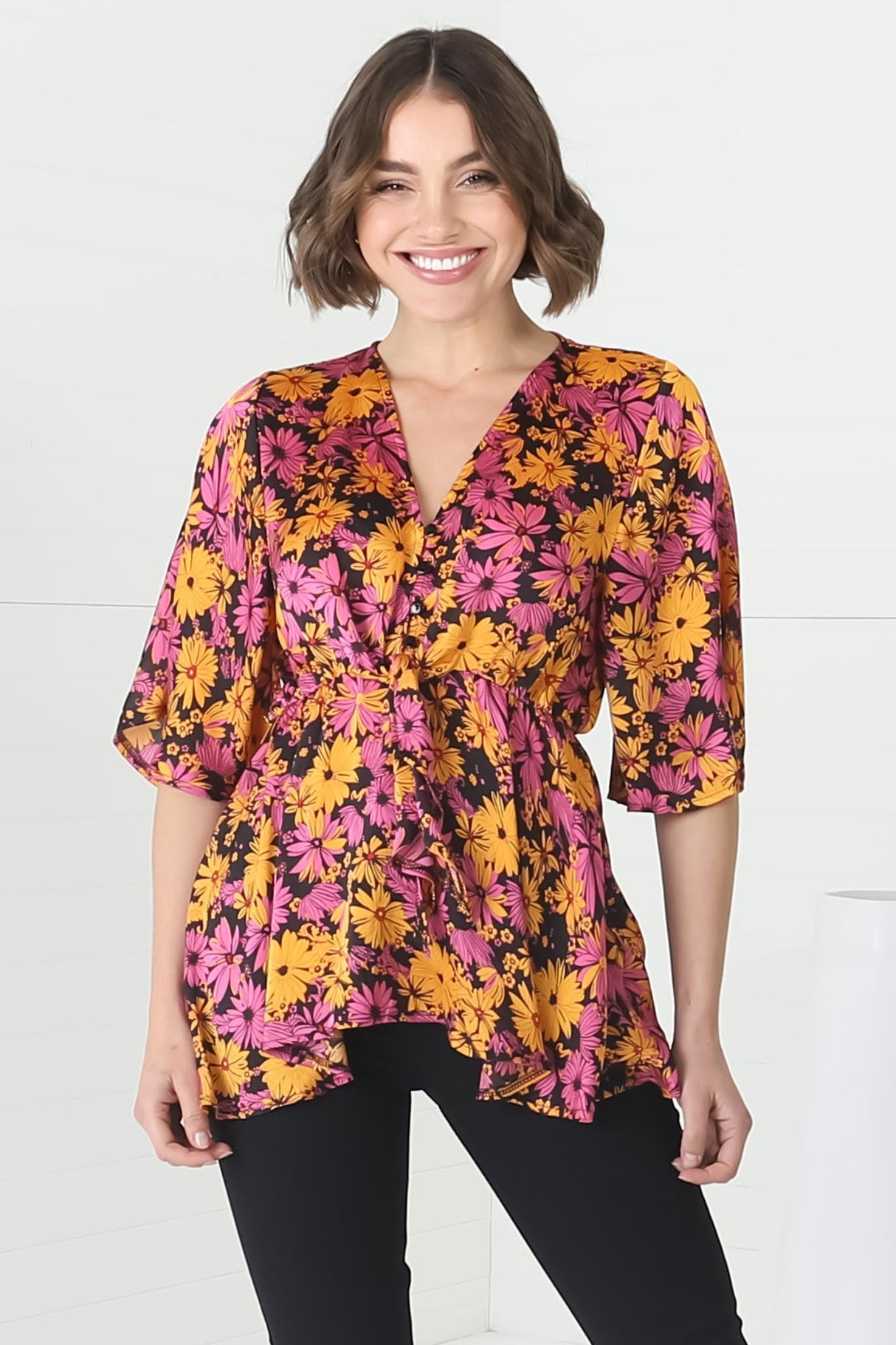 Kira Top - V Neck Pull Over Top with Gypsy Hemline in Monica Print