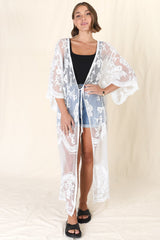 Haylo Kimono - Floral Lace Kimono with Scallop Hemline in White