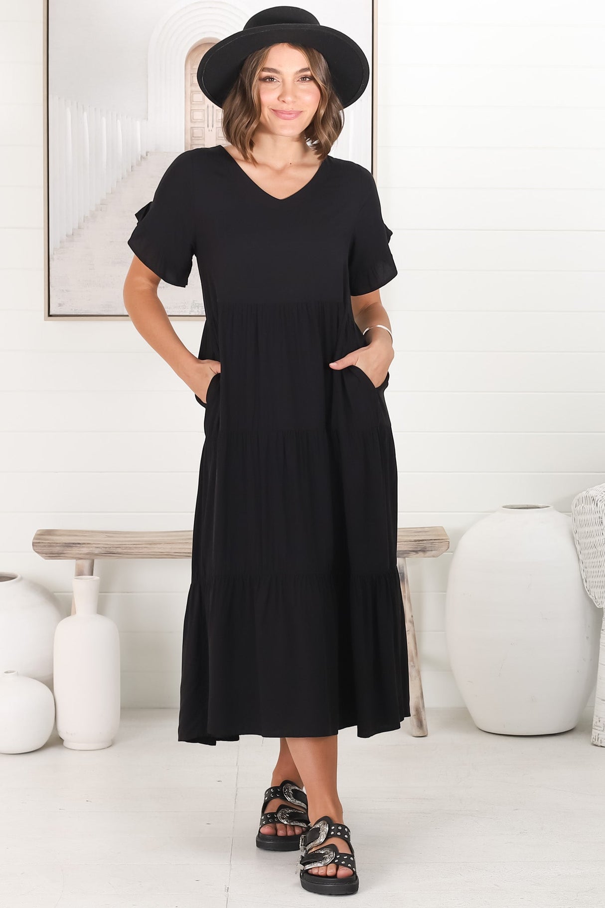 Ame Midi Dress - V Neck Frill Sleeve Tiered Dress in Black