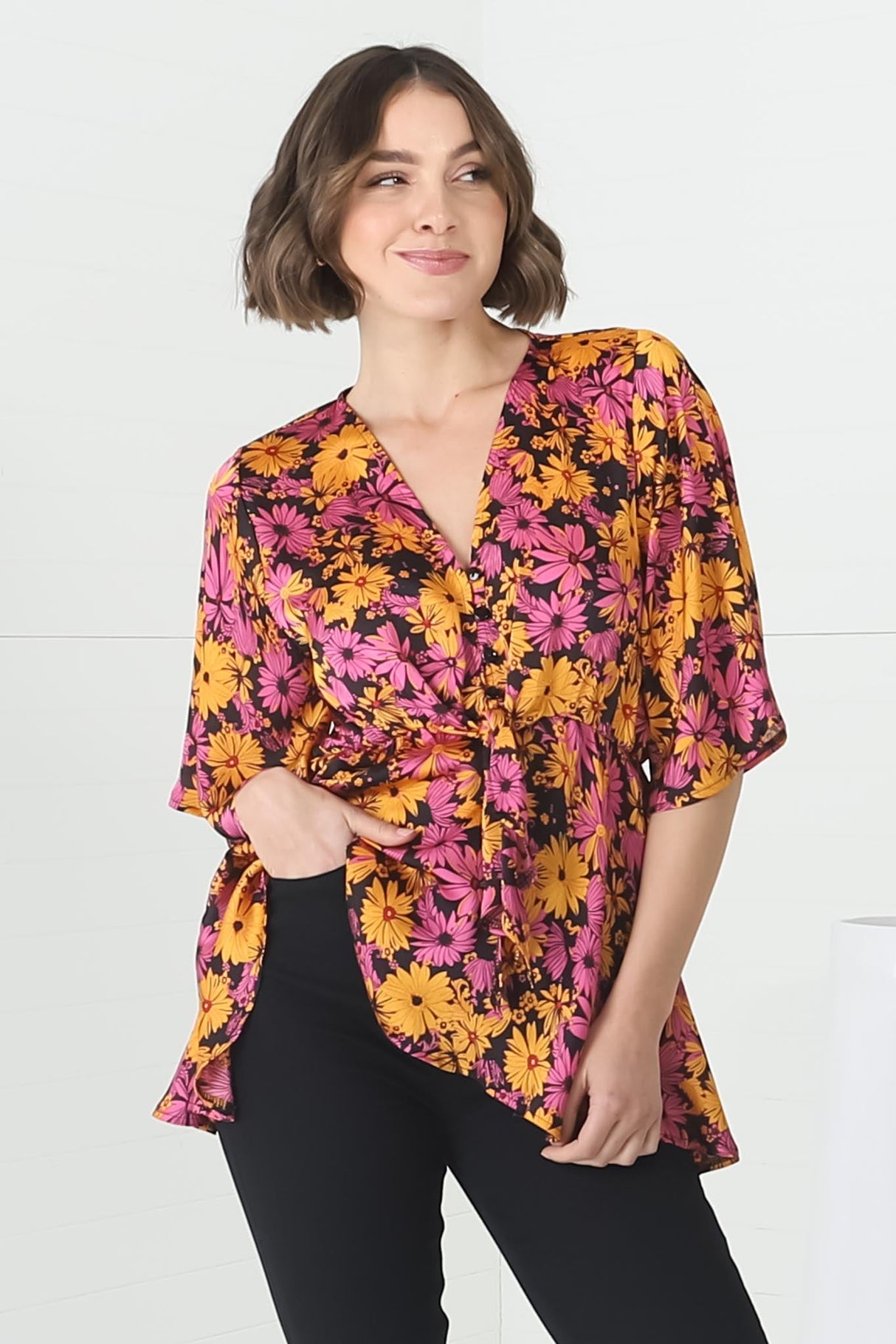 Kira Top - V Neck Pull Over Top with Gypsy Hemline in Monica Print