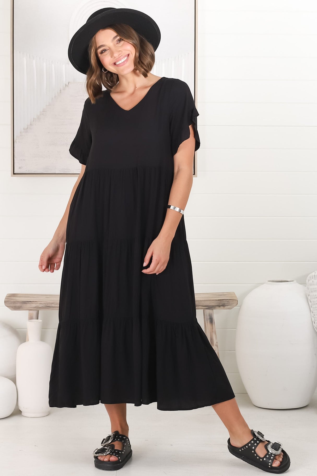 Ame Midi Dress - V Neck Frill Sleeve Tiered Dress in Black