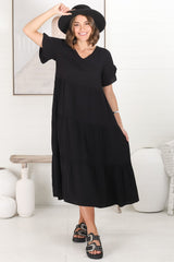 Ame Midi Dress - V Neck Frill Sleeve Tiered Dress in Black