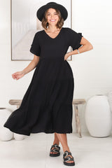 Ame Midi Dress - V Neck Frill Sleeve Tiered Dress in Black