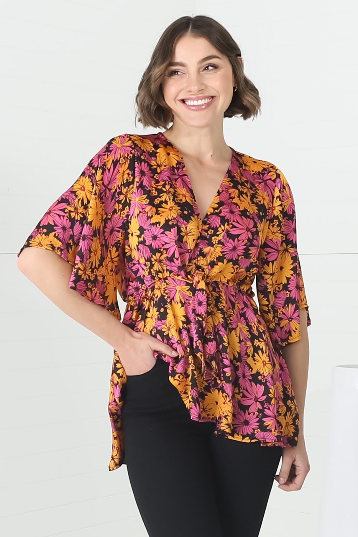 Kira Top - V Neck Pull Over Top with Gypsy Hemline in Monica Print