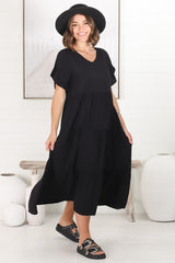 Ame Midi Dress - V Neck Frill Sleeve Tiered Dress in Black