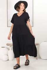 Ame Midi Dress - V Neck Frill Sleeve Tiered Dress in Black