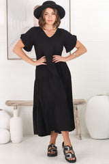 Ame Midi Dress - V Neck Frill Sleeve Tiered Dress in Black