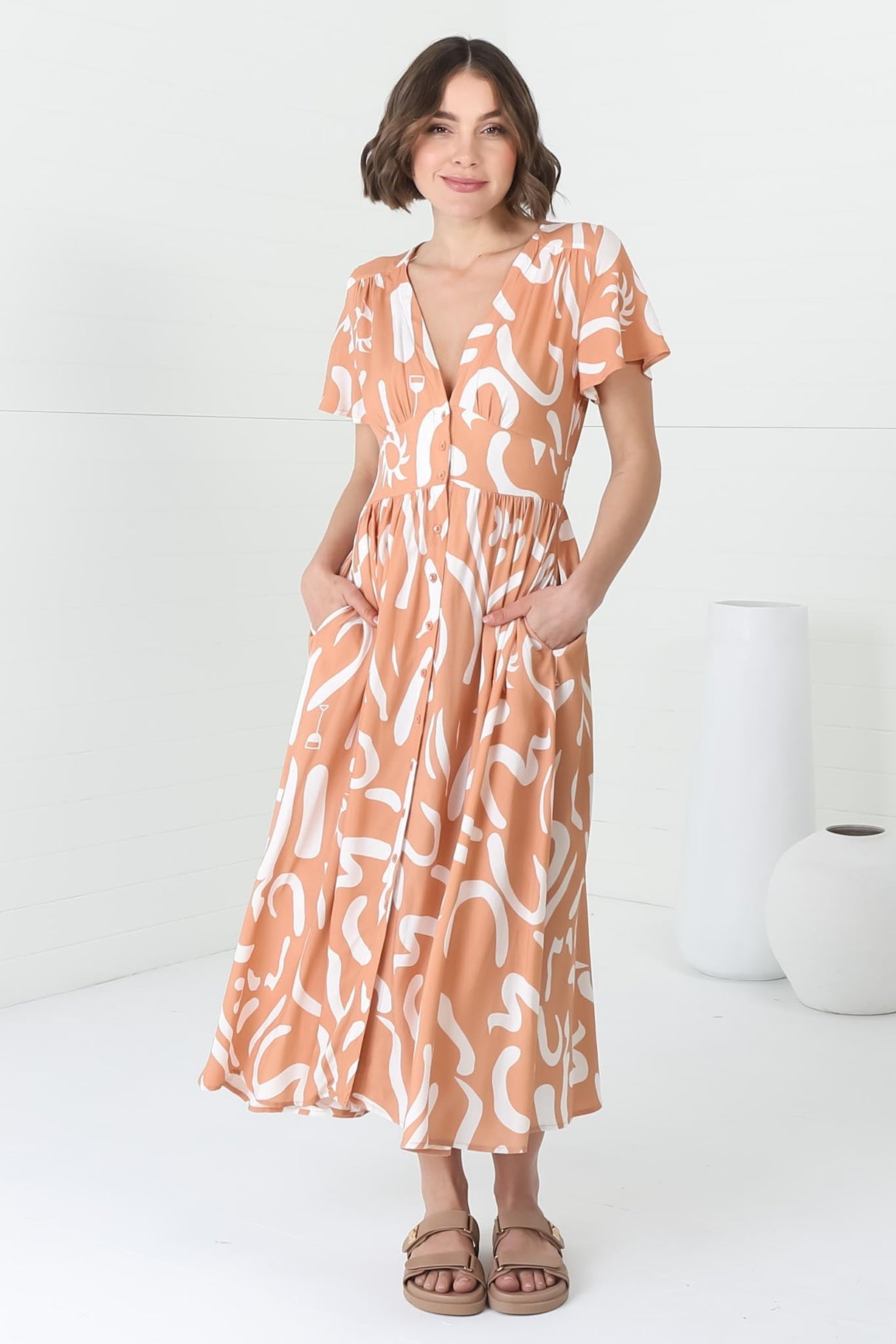 Anais Midi Dress - Cap Flutter Sleeve Button Down A Line Dress in Daley Print