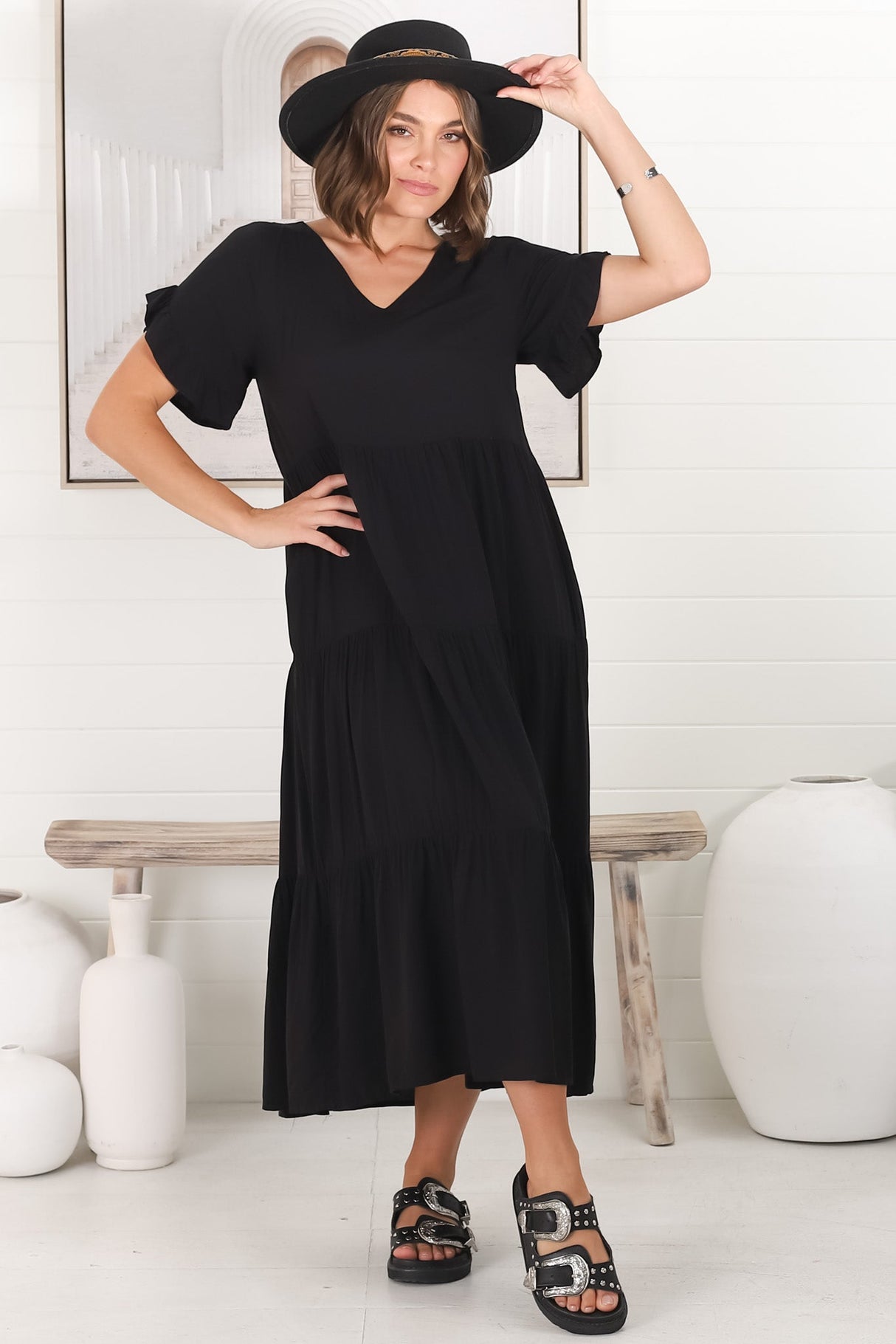 Ame Midi Dress - V Neck Frill Sleeve Tiered Dress in Black