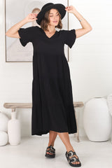 Ame Midi Dress - V Neck Frill Sleeve Tiered Dress in Black