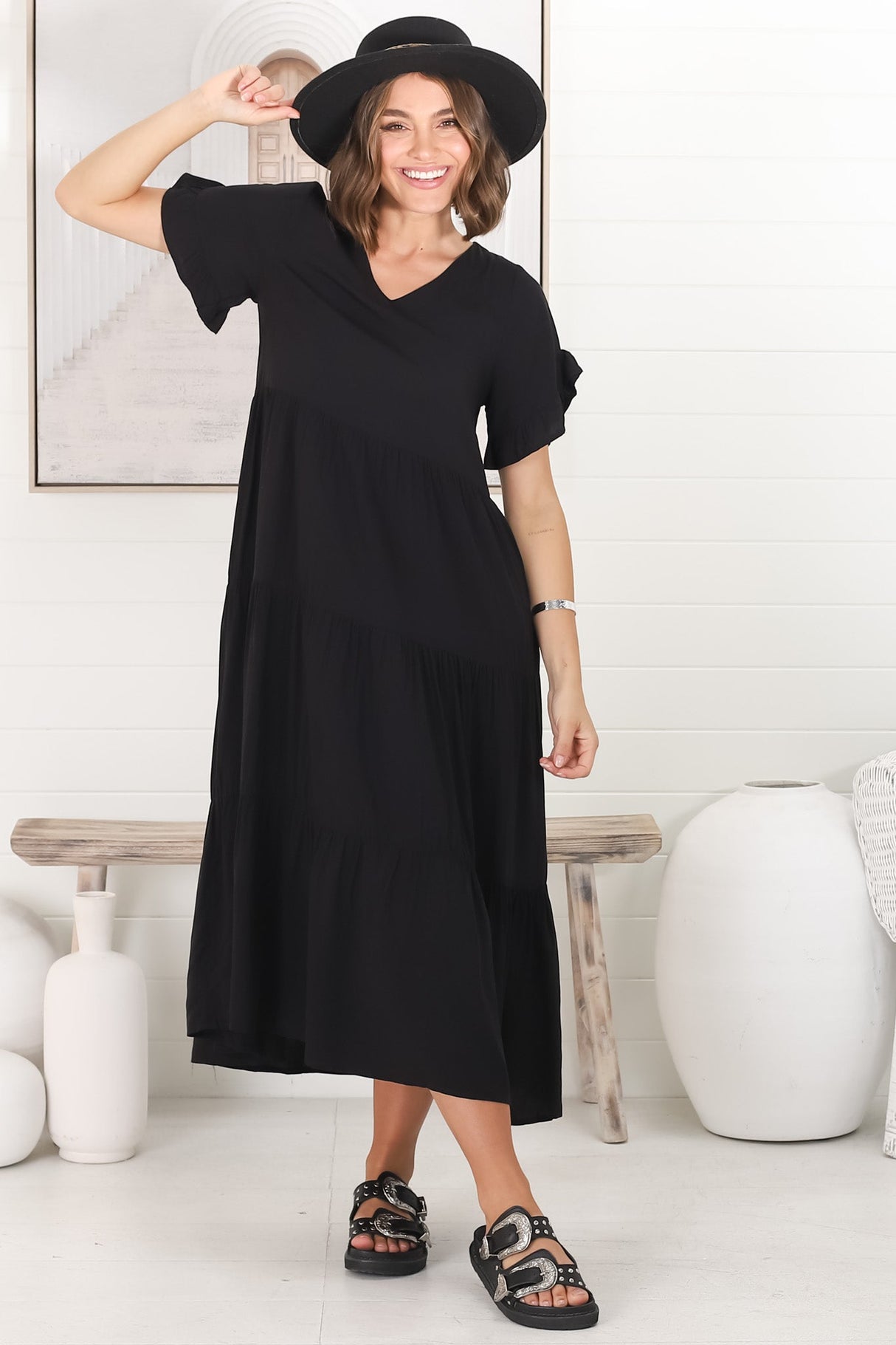 Ame Midi Dress - V Neck Frill Sleeve Tiered Dress in Black