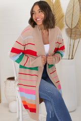 Kodie Cardigan - Open Front Bold Rainbow Stripe Cardigan in Camel