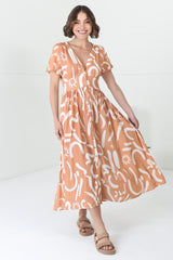 Anais Midi Dress - Cap Flutter Sleeve Button Down A Line Dress in Daley Print