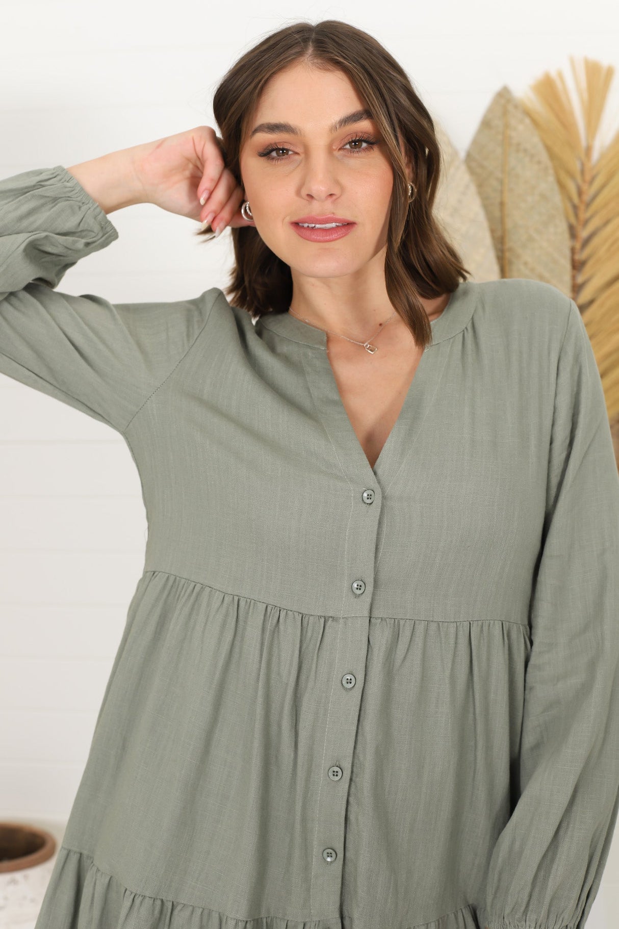 Sarah Mini Dress - Bermuda Collar Tiered Button Down Dress in Green