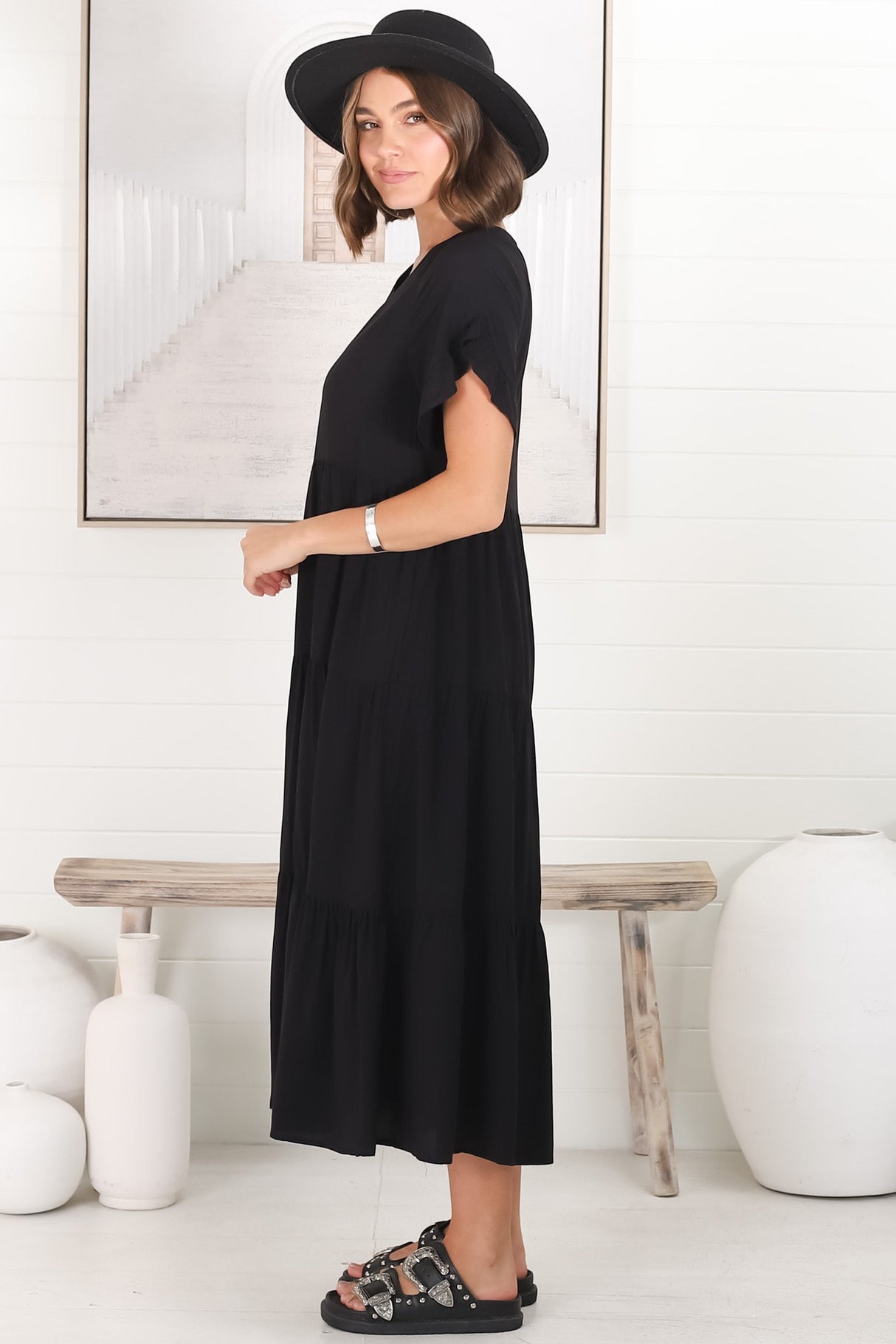 Ame Midi Dress - V Neck Frill Sleeve Tiered Dress in Black