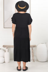 Ame Midi Dress - V Neck Frill Sleeve Tiered Dress in Black