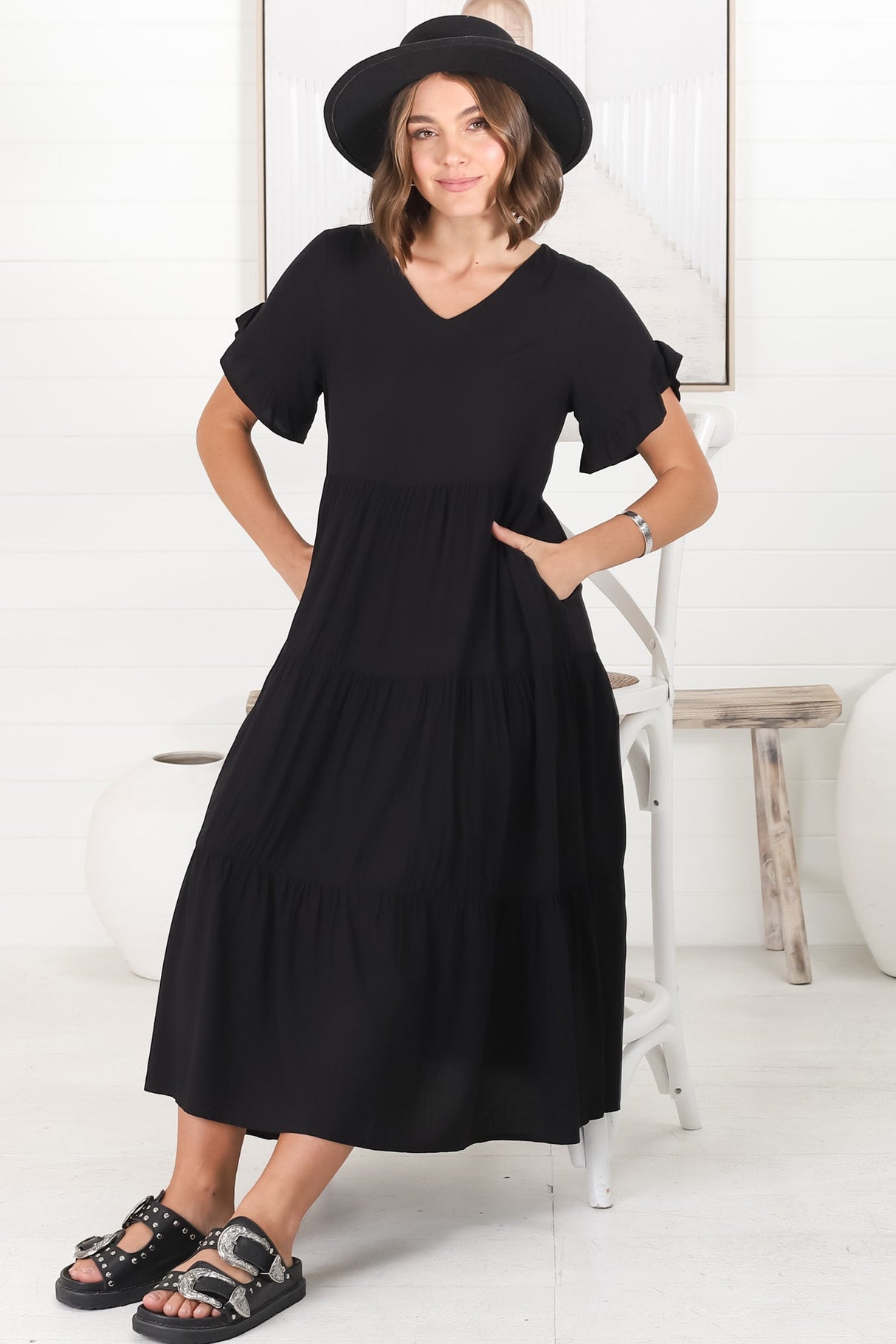 Ame Midi Dress - V Neck Frill Sleeve Tiered Dress in Black