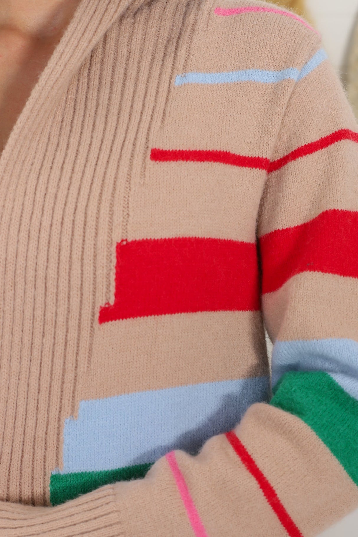 Kodie Cardigan - Open Front Bold Rainbow Stripe Cardigan in Camel