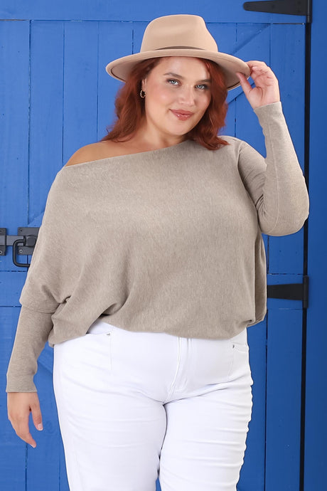 Belinda Knit Top - Boat Neckline Boxy Batwing Top in Beige