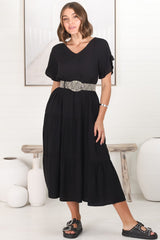 Ame Midi Dress - V Neck Frill Sleeve Tiered Dress in Black