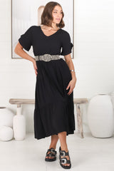 Ame Midi Dress - V Neck Frill Sleeve Tiered Dress in Black