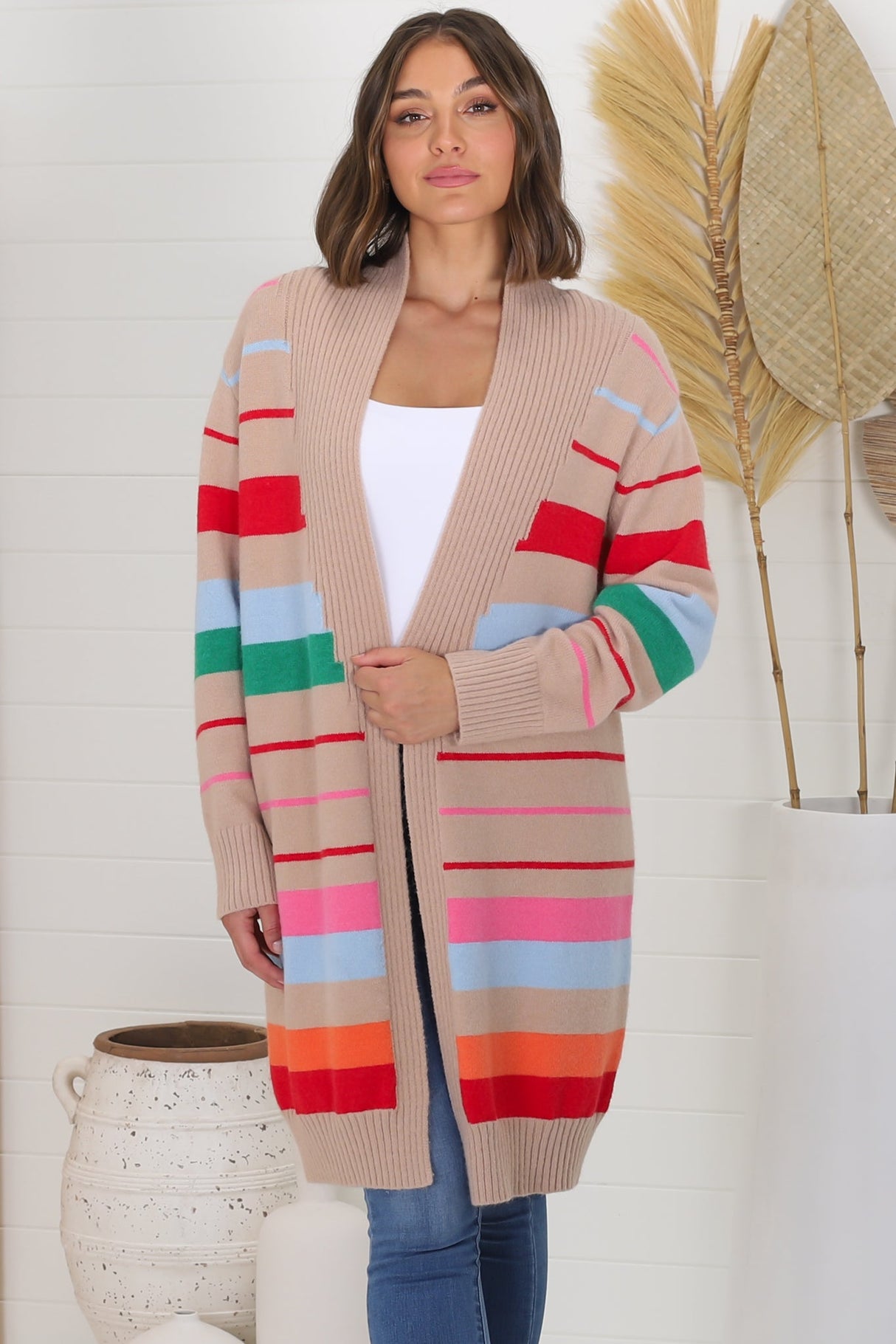 Kodie Cardigan - Open Front Bold Rainbow Stripe Cardigan in Camel