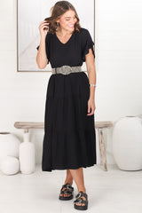 Ame Midi Dress - V Neck Frill Sleeve Tiered Dress in Black