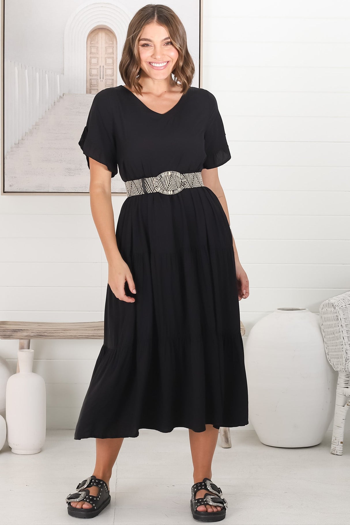 Ame Midi Dress - V Neck Frill Sleeve Tiered Dress in Black