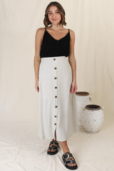 Murphy Midi Skirt - High Waisted Button Decal A-Line Skirt in Oat