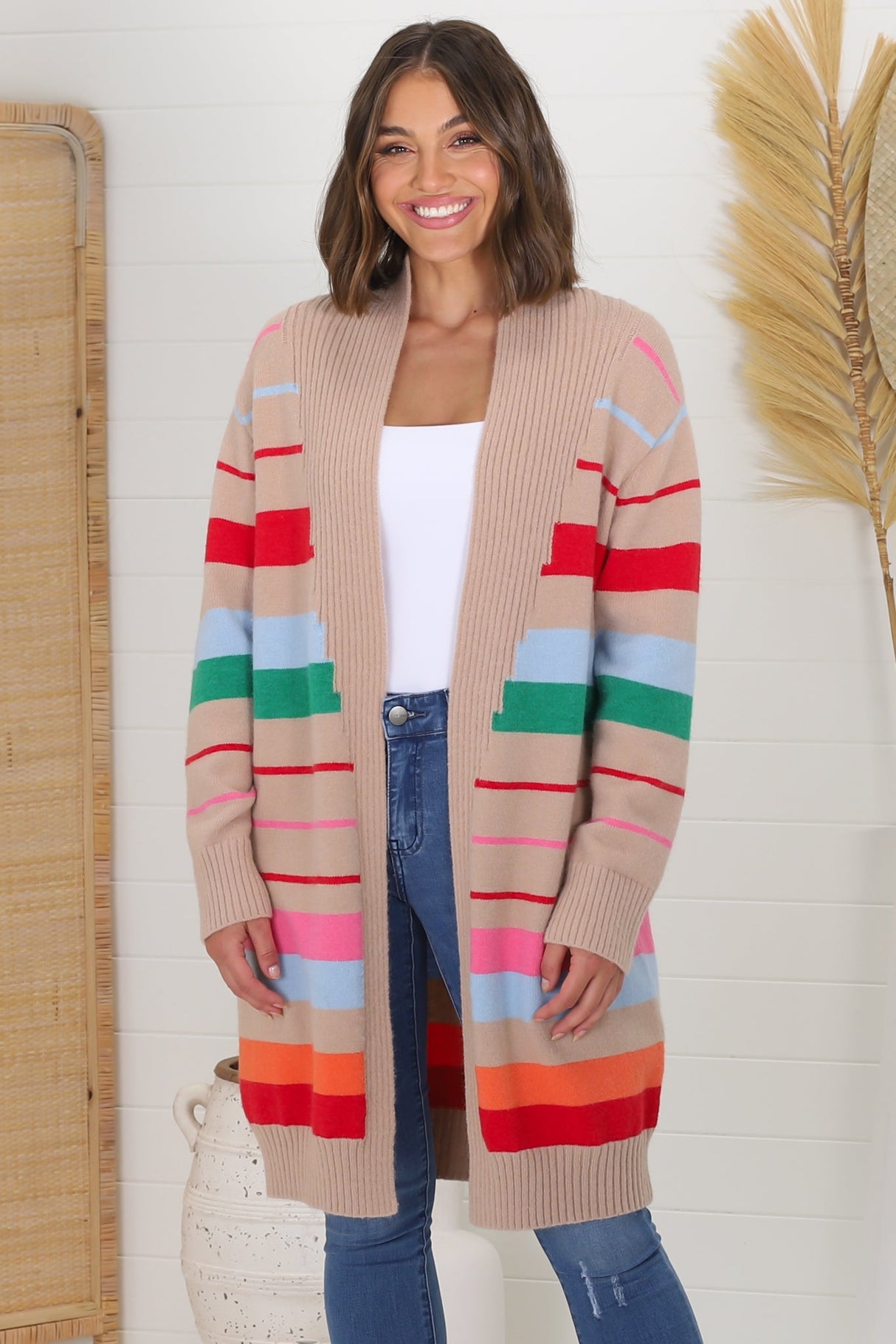 Kodie Cardigan - Open Front Bold Rainbow Stripe Cardigan in Camel