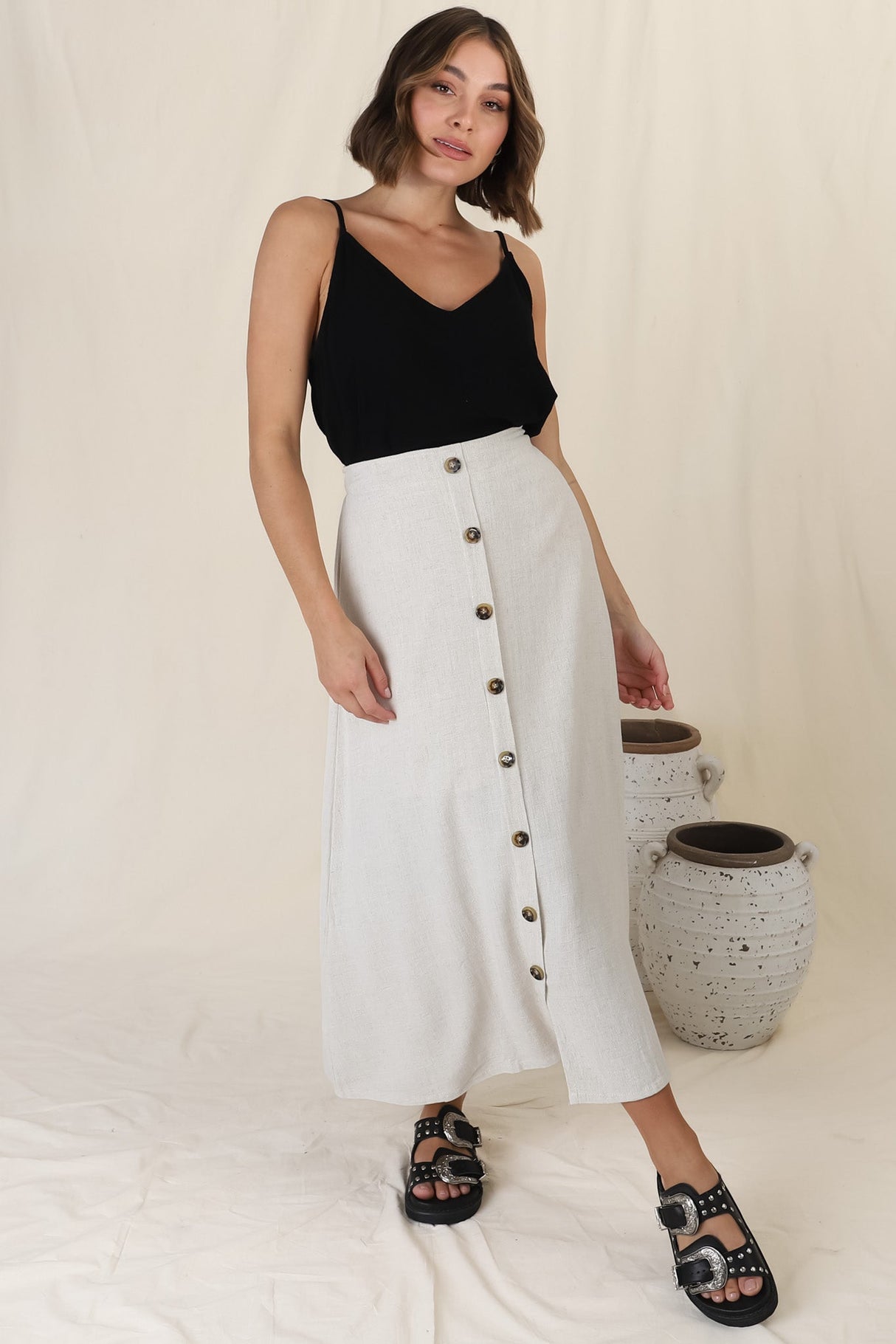 Murphy Midi Skirt - High Waisted Button Decal A-Line Skirt in Oat