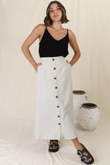 Murphy Midi Skirt - High Waisted Button Decal A-Line Skirt in Oat