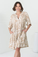 Evie Mini Dress - 3/4 Sleeve Tiered Smock Dress in Jeani Print Beige