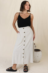 Murphy Midi Skirt - High Waisted Button Decal A-Line Skirt in Oat