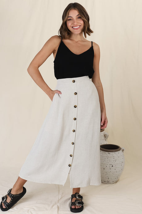 Murphy Midi Skirt - High Waisted Button Decal A-Line Skirt in Oat