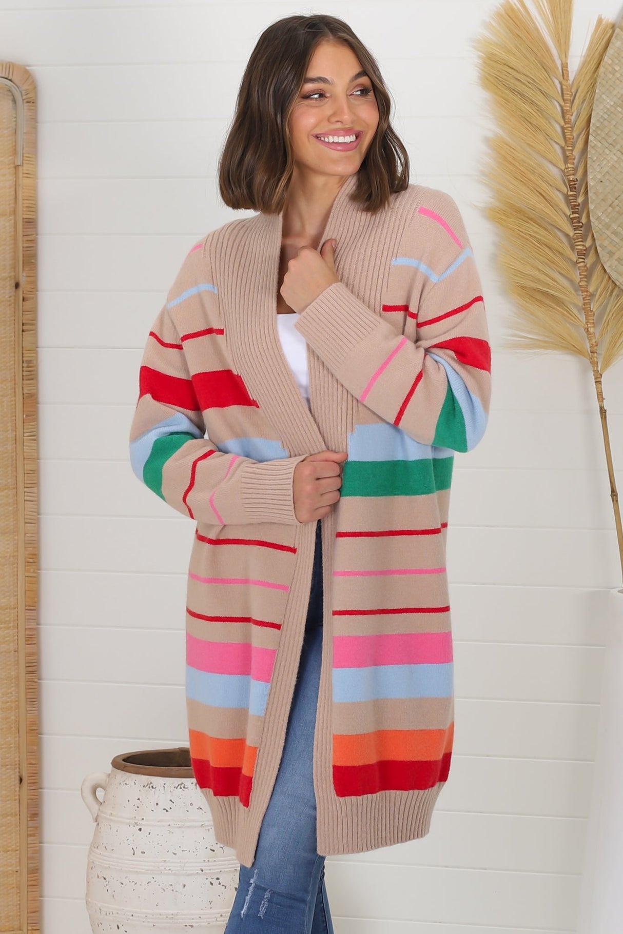 Kodie Cardigan - Open Front Bold Rainbow Stripe Cardigan in Camel