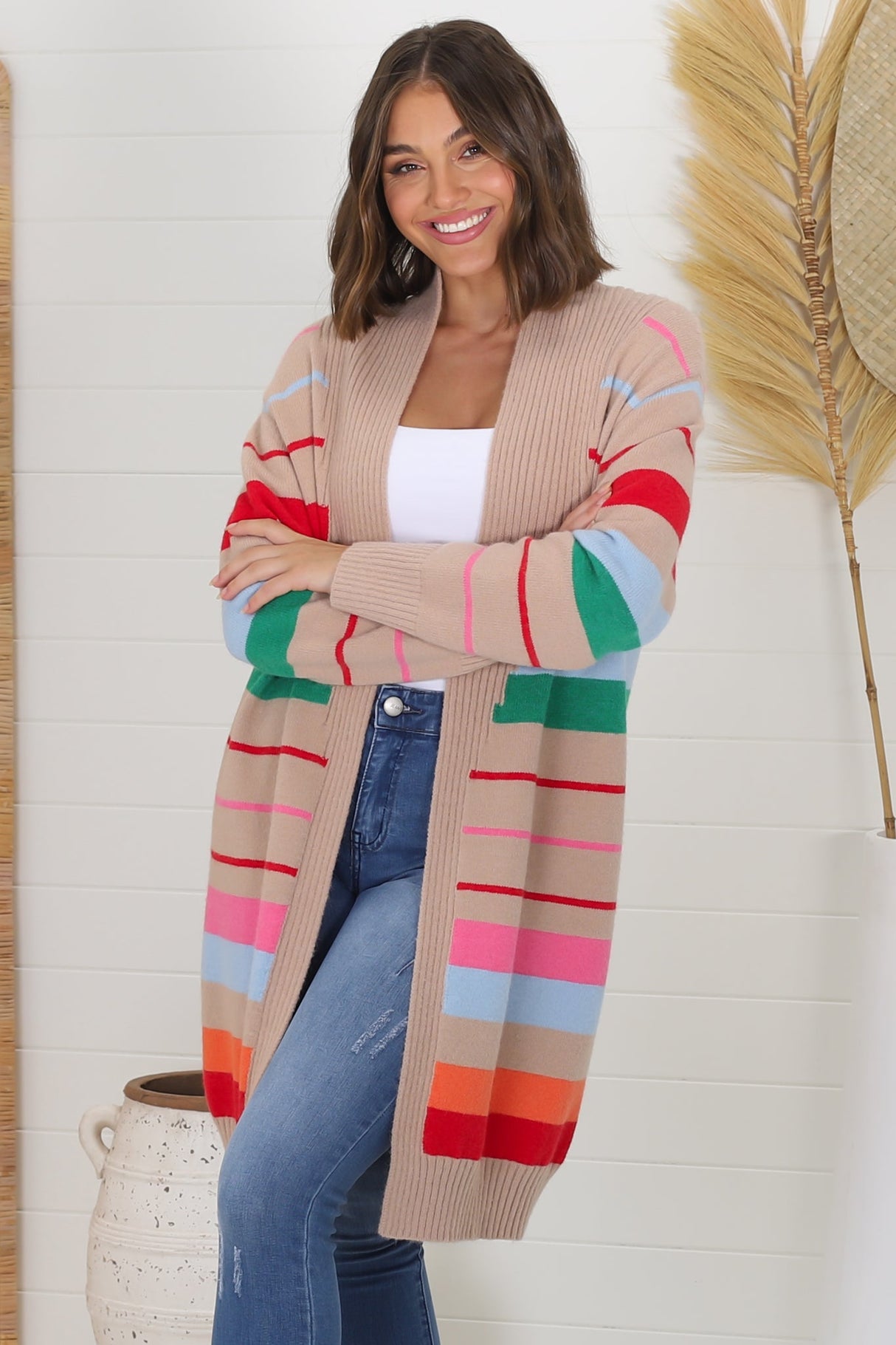 Kodie Cardigan - Open Front Bold Rainbow Stripe Cardigan in Camel