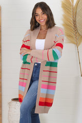 Kodie Cardigan - Open Front Bold Rainbow Stripe Cardigan in Camel