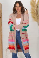 Kodie Cardigan - Open Front Bold Rainbow Stripe Cardigan in Camel