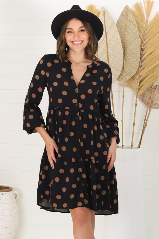 Sarah Mini Dress - Bermuda Collar Tiered Button Down Dress in Mahony Print
