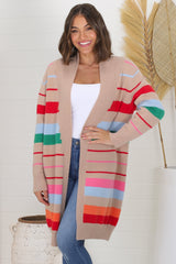 Kodie Cardigan - Open Front Bold Rainbow Stripe Cardigan in Camel