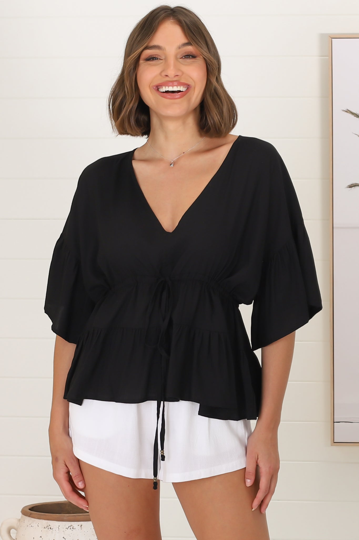 Celeste Top - Pull In Underbust Tiered Top with V Neckline in Black
