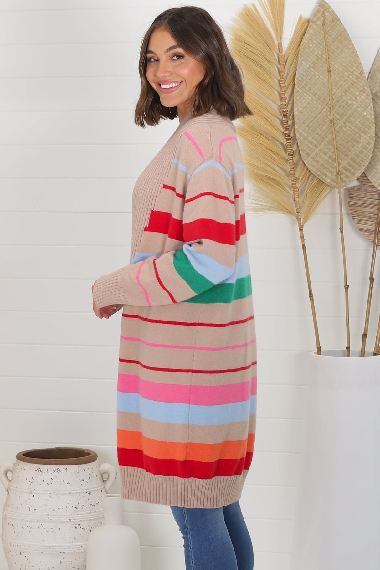 Kodie Cardigan - Open Front Bold Rainbow Stripe Cardigan in Camel