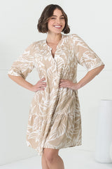 Evie Mini Dress - 3/4 Sleeve Tiered Smock Dress in Jeani Print Beige